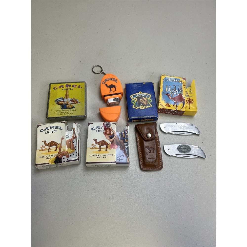 Vintage 1990s Camel Cigarette Lighters, Boxes, Cards, Knives Memorabilia Lot